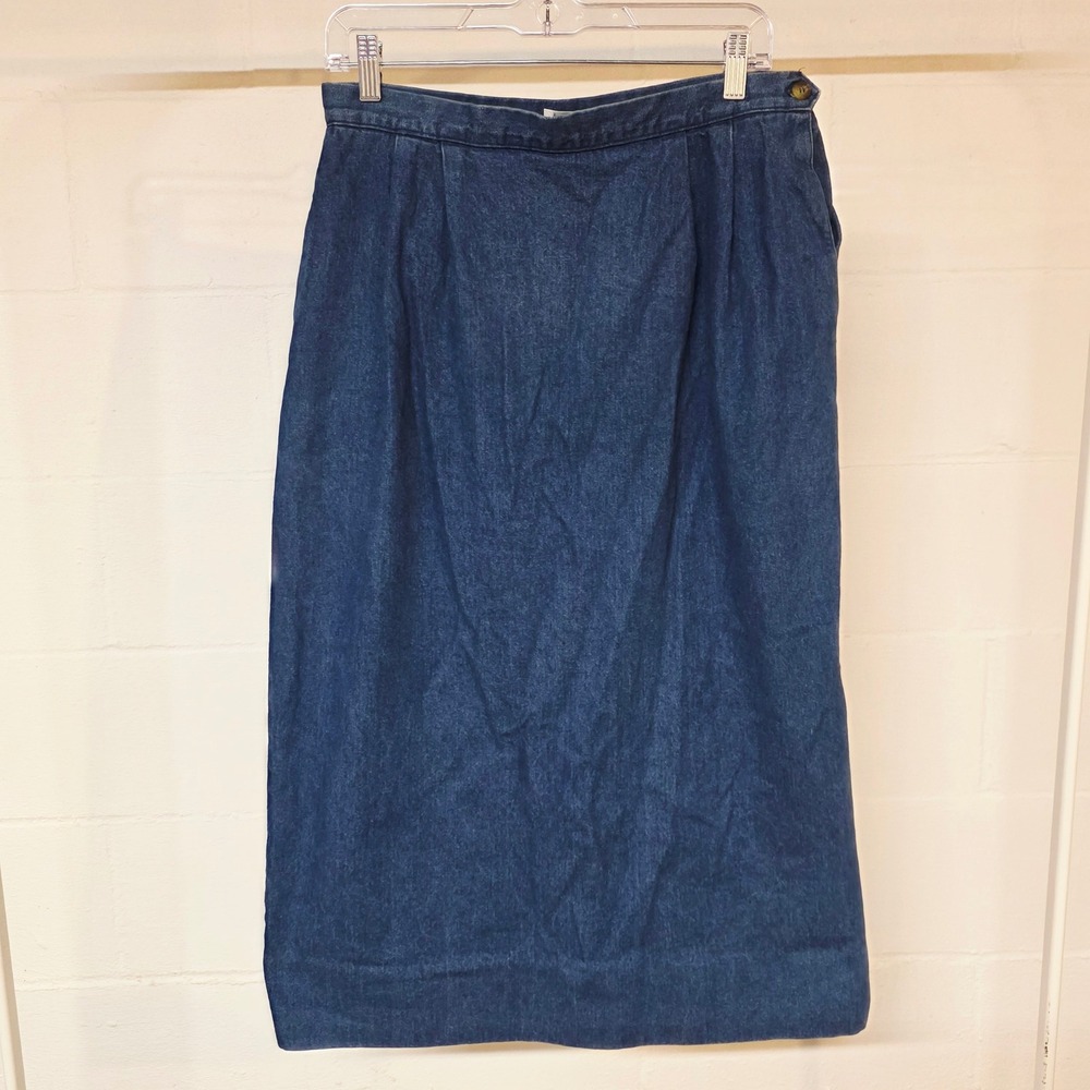 Talbots Vintage Womens 8 Denim Skirt Blue Pleated High Waist Back Button Vent